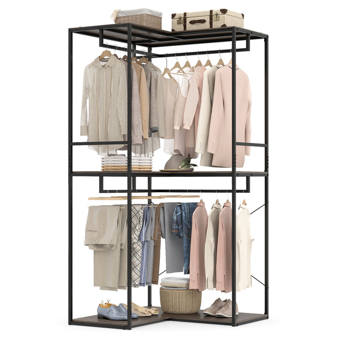 2M L-shaped Coat Rack Unit with 3 Shelves and 4 Rails Open Wardrobe-