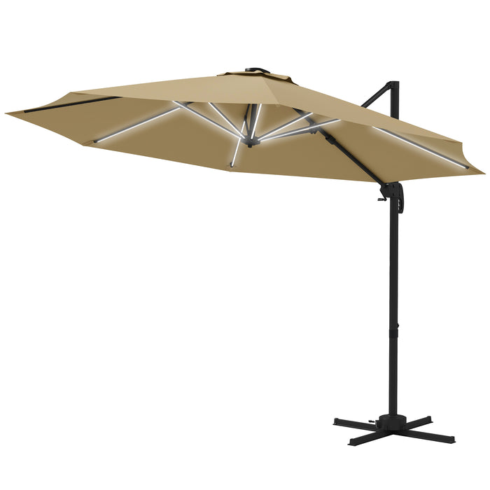 Adjustable 3m Cantilever Parasol with Base - Solar-Powered LED Lighting, Elegant Khaki Shade - Ideal for Outdoor Relaxation and Evening Ambiance