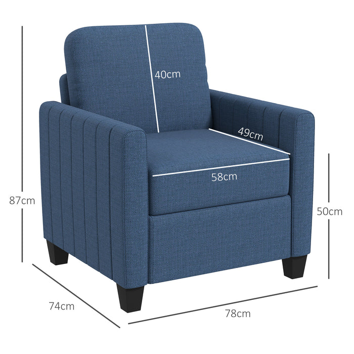 HOMCOM Armchair, Channel Tufted Modern Fabric Accent Chair, Comfy Upholstered Reading Lounge with Spring Cushion, Back Pillow, for Living Room, Bedroom, Office, Blue
