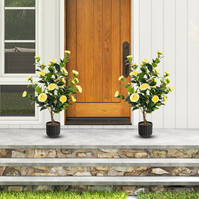 1/2 Pieces 95cm Artificial Camellia Tree with Flowers and Rain-Flower Pebbles-Yellow-