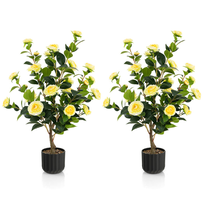 1/2 Pieces 95cm Artificial Camellia Tree with Flowers and Rain-Flower Pebbles-Yellow-