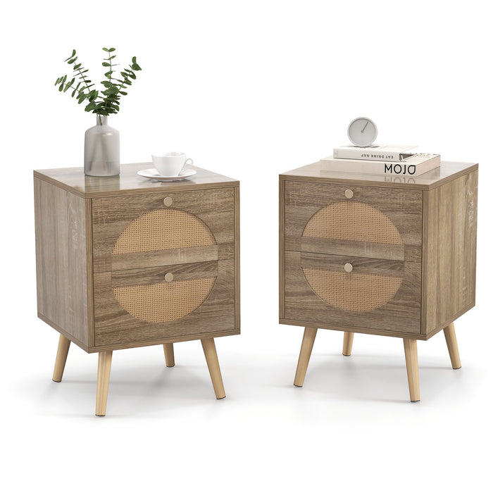 2Pcs Bohemian Style Rattan Nightstand with 2 Drawers-