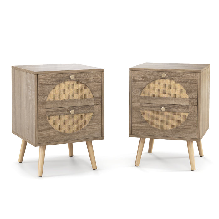2Pcs Bohemian Style Rattan Nightstand with 2 Drawers-