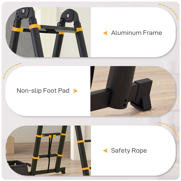 3.8M Duo Aluminium Ladder with Integrated Tool Holder - Herringbone Extendable Ladder, 12 Non-Slip Steps for Safety - Ideal for DIY Enthusiasts and Professional Use