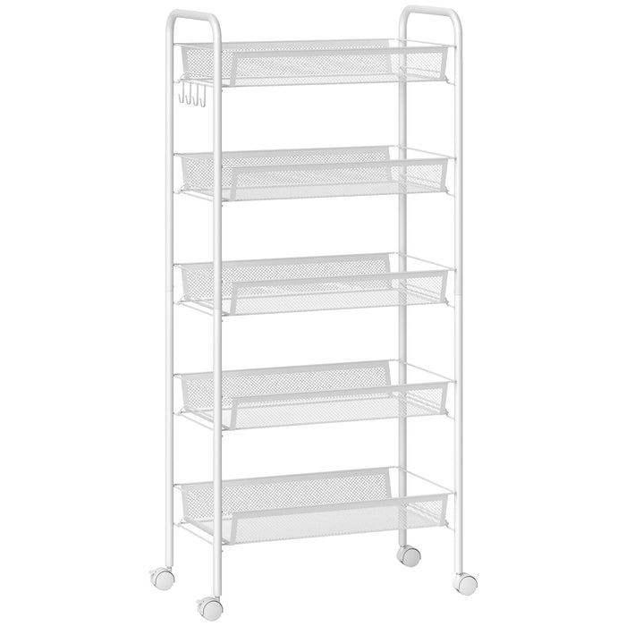 HOMCOM Five-Steel Mesh Basket Storage Trolley, with Wheels - White