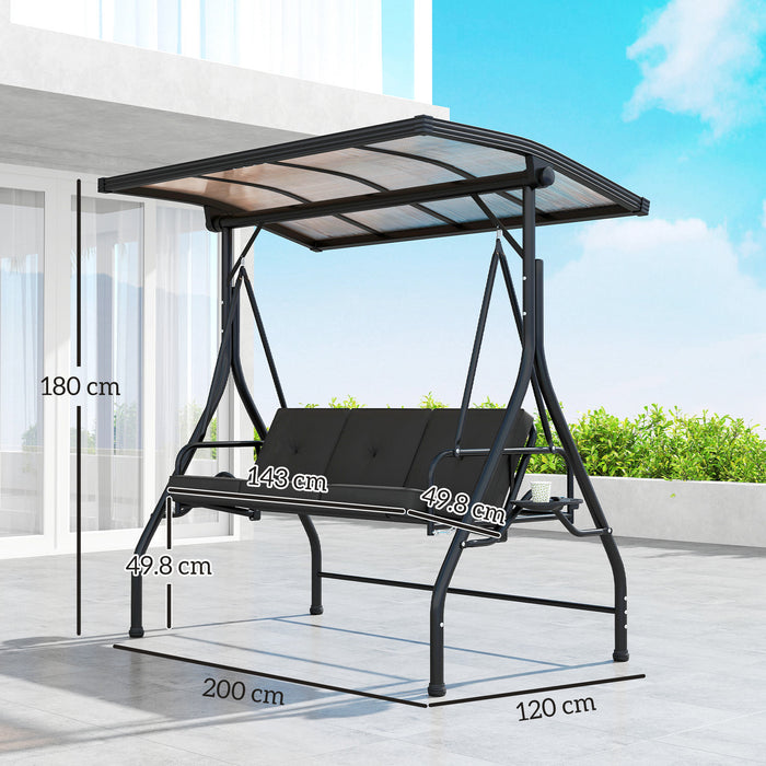 Outsunny 3 Seater Garden Swing Seat Bed with UPF30+ Adjustable Canopy, Convertible Swing Chair with Cushion, Outdoor Hammock Bench with Cup Trays for Balcony Patio, Black