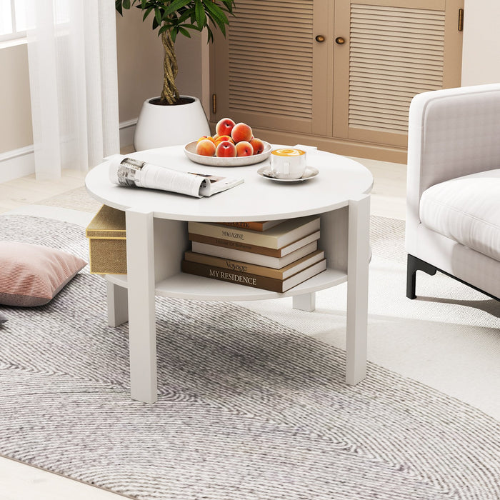 2-Tier Round Coffee Table with 4 Shelves-White