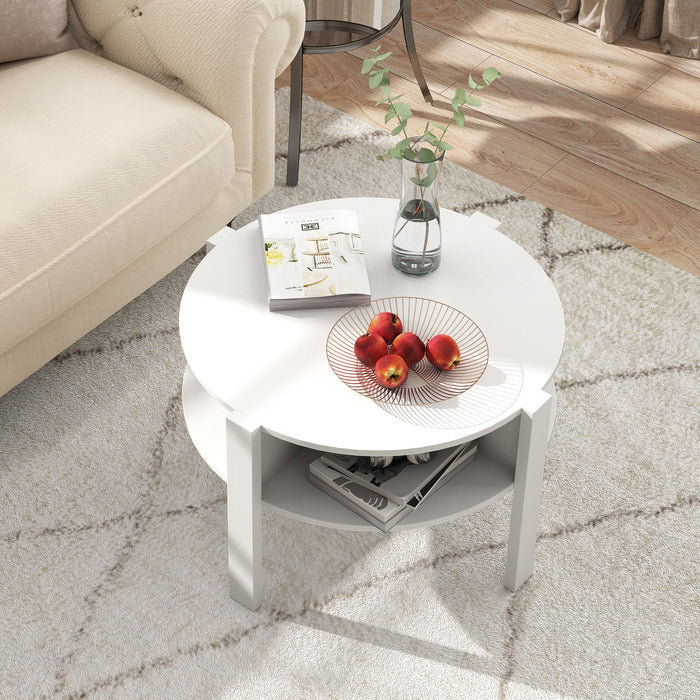 2-Tier Round Coffee Table with 4 Shelves-White