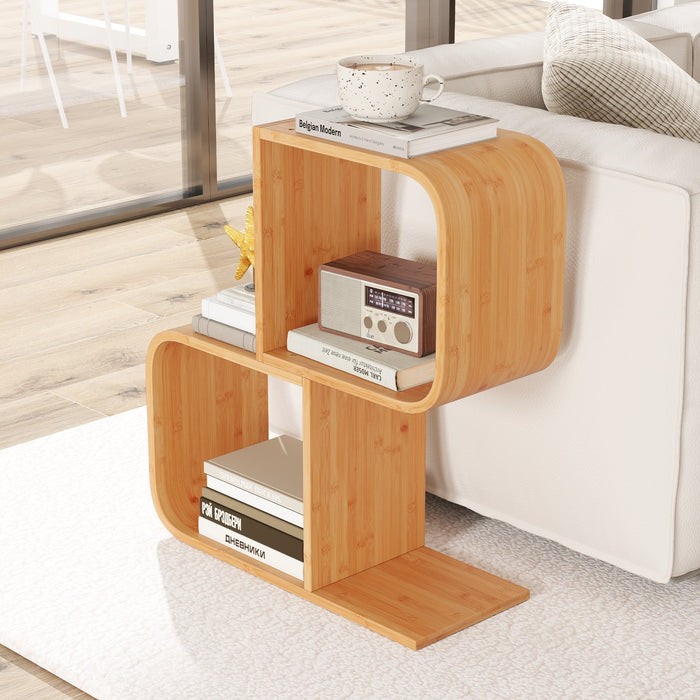 2-Tier S-Shaped Bookcase Bamboo Bookshelf with 2 Open Cubes-2-Tier