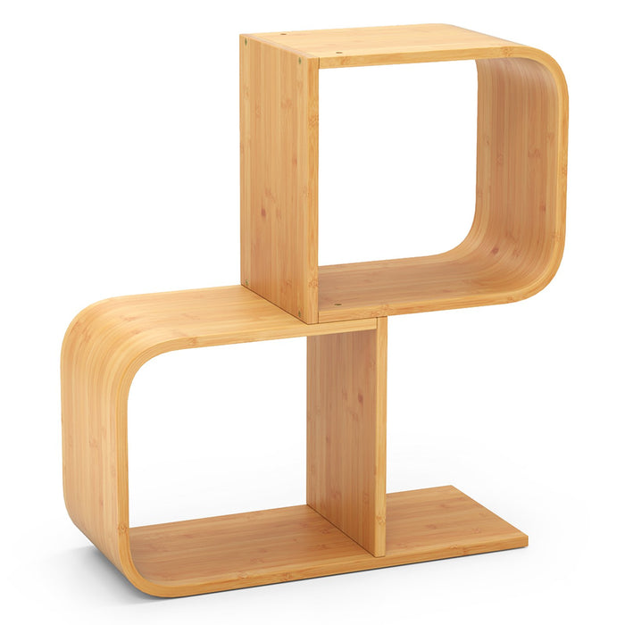 2-Tier S-Shaped Bookcase Bamboo Bookshelf with 2 Open Cubes-2-Tier