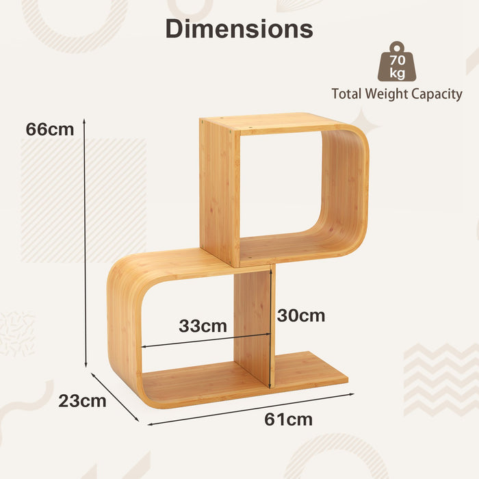2-Tier S-Shaped Bookcase Bamboo Bookshelf with 2 Open Cubes-2-Tier
