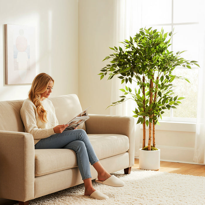 HOMCOM 120cm Artificial Ficus Tree, Fake Potted Tree with Solid Wood Trunk and Pot for Indoor, Green