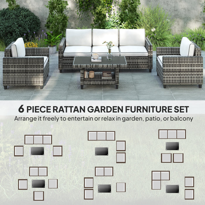 Outsunny 6 Pieces Rattan Garden Furniture Set, 5 Seater Wicker Outdoor Furniture Set with 2 Armchairs, Steel Frame Coffee Table and Cushions for Balcony, Porch, Light Grey