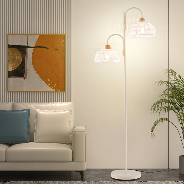 2 Light Floor Lamp with Foot Switch and Woven Lampshades-