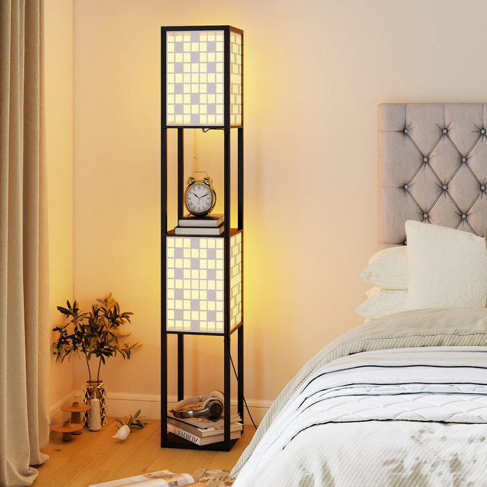 2-Light Floor Lamp with Shelves Wooden Shelf Lamp with 2 Cut-out Patterned Lampshades-