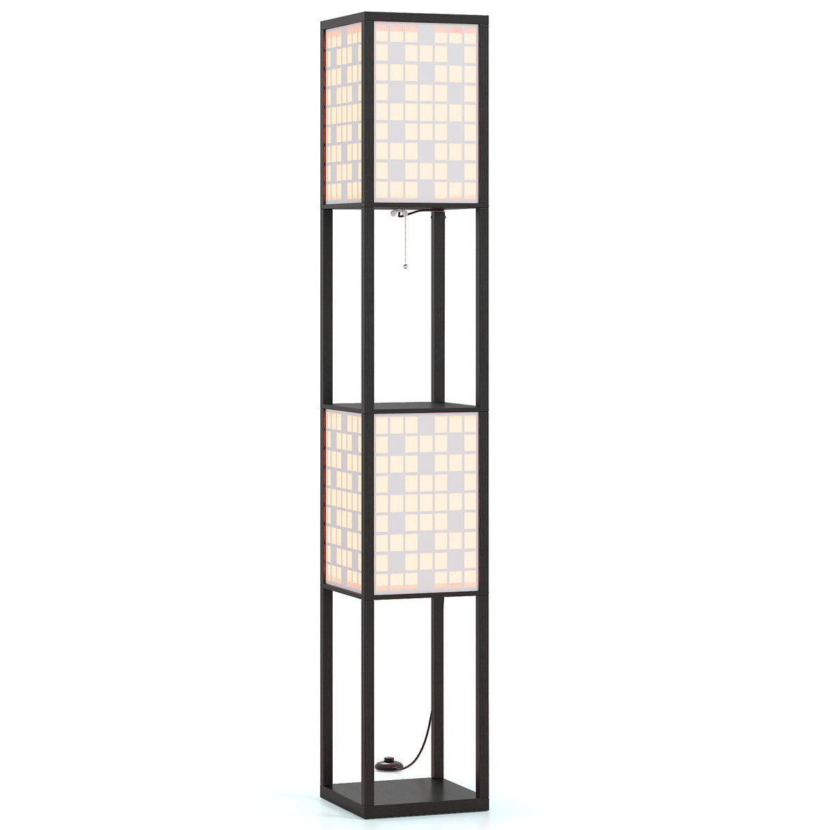 2-Light Floor Lamp with Shelves Wooden Shelf Lamp with 2 Cut-out Patterned Lampshades-