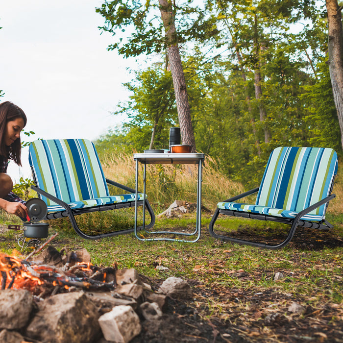2 Pack - Low Folding Beach Chairs with Cushion and Shoulder Straps - Ideal for Picnics, Camping, Outdoor Events