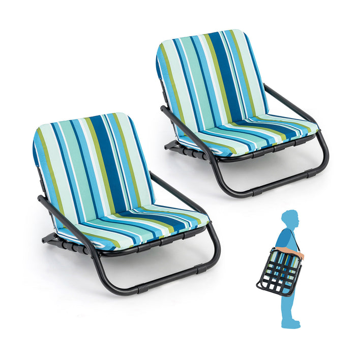 2 Pack - Low Folding Beach Chairs with Cushion and Shoulder Straps - Ideal for Picnics, Camping, Outdoor Events