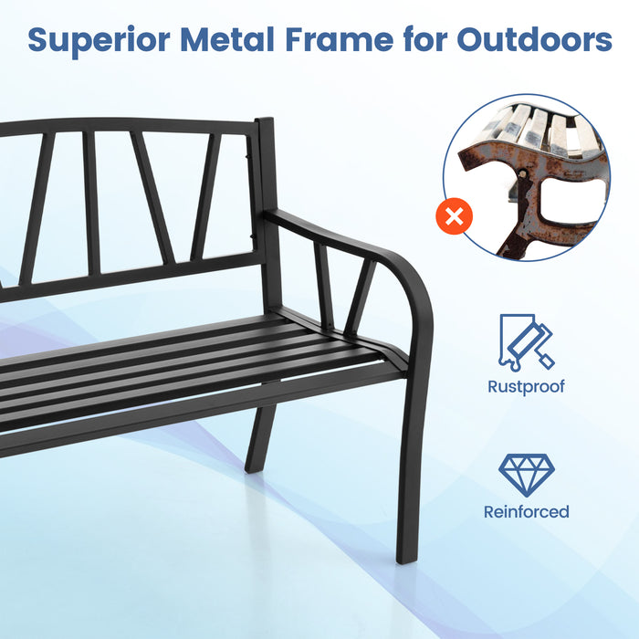 2-Person Metal Outdoor Bench with Backrest and Armrests-Black