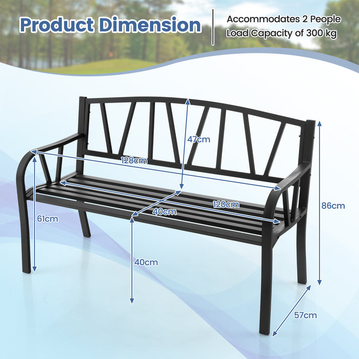 2-Person Metal Outdoor Bench with Backrest and Armrests-Black