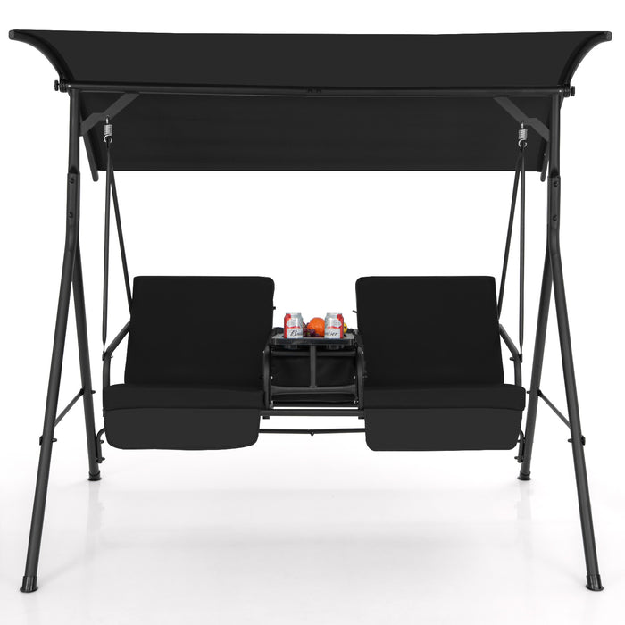 2 Person Outdoor Porch Swing with Canopy and 23L Cooler Bag-