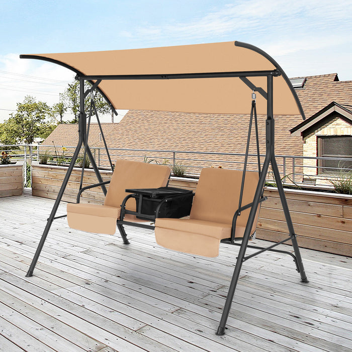 2 Person Outdoor Porch Swing with Canopy and 23L Cooler Bag-