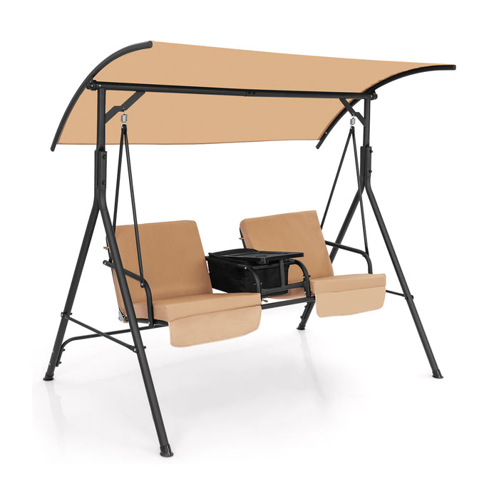 2 Person Outdoor Porch Swing with Canopy and 23L Cooler Bag-
