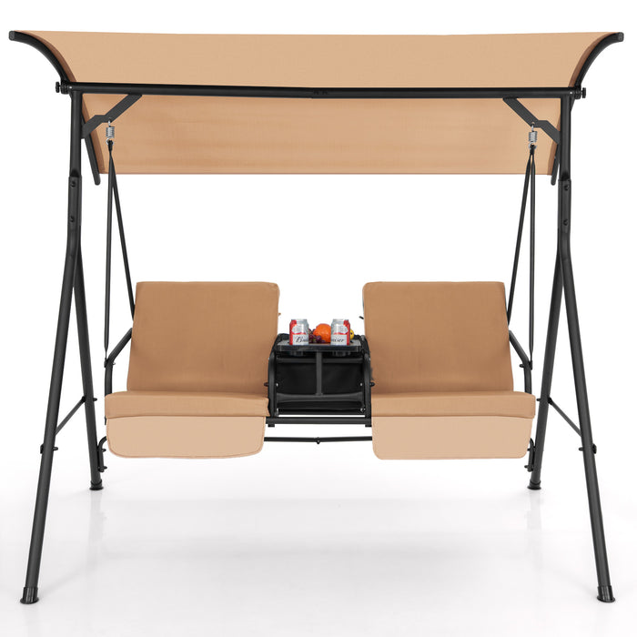 2 Person Outdoor Porch Swing with Canopy and 23L Cooler Bag-