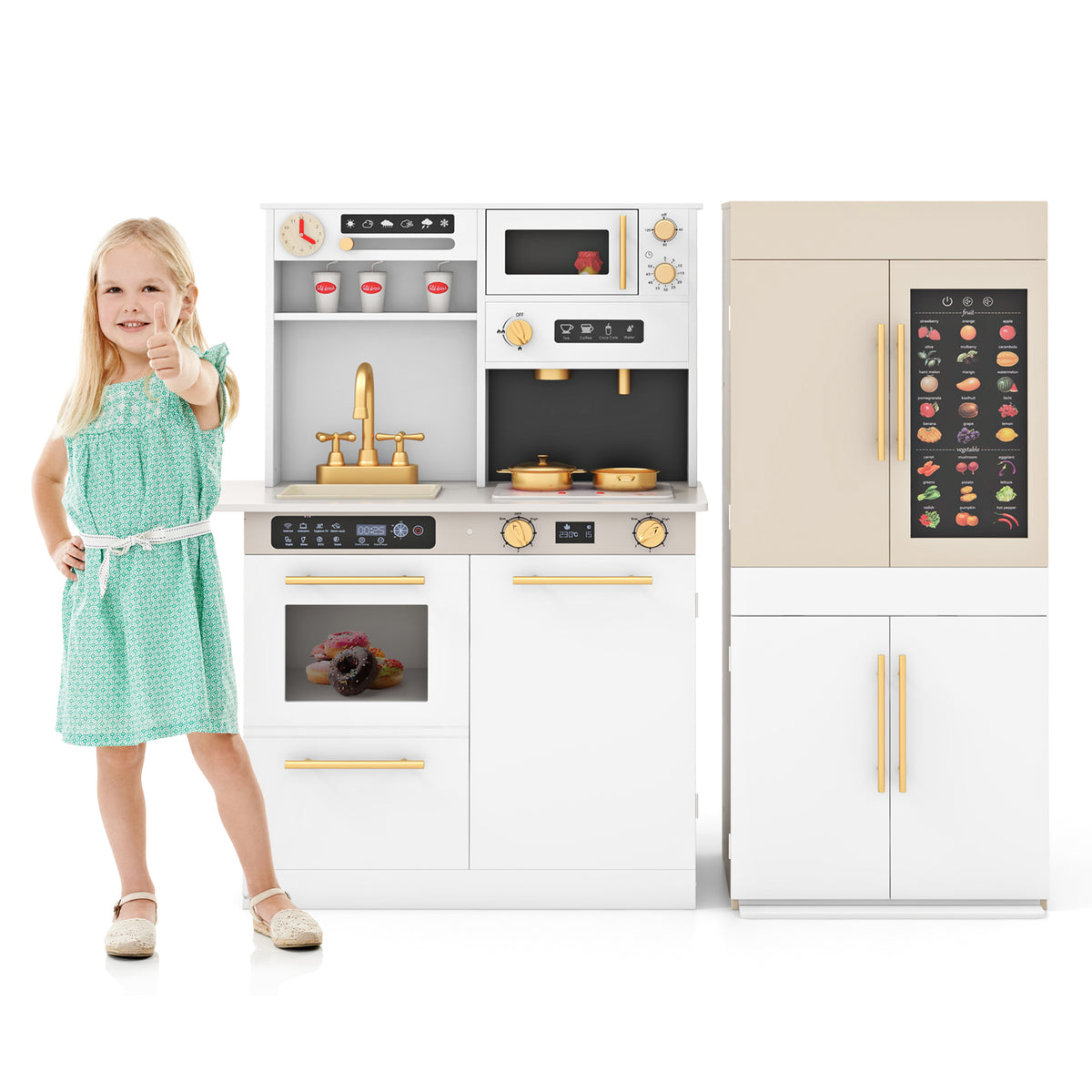 2 Pieces Kids Kitchen Playset Play Kitchen Refrigerator Combination-