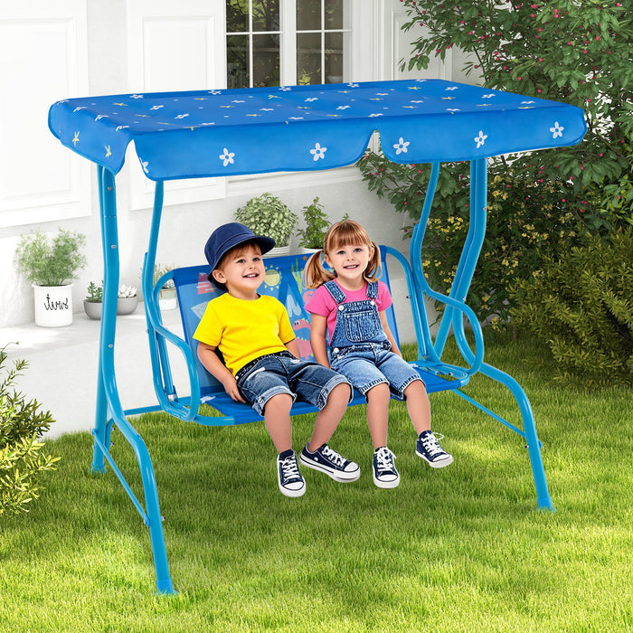 2-Seater Kids Patio Swing Chair with Adjustable Canopy and Safety Belt-