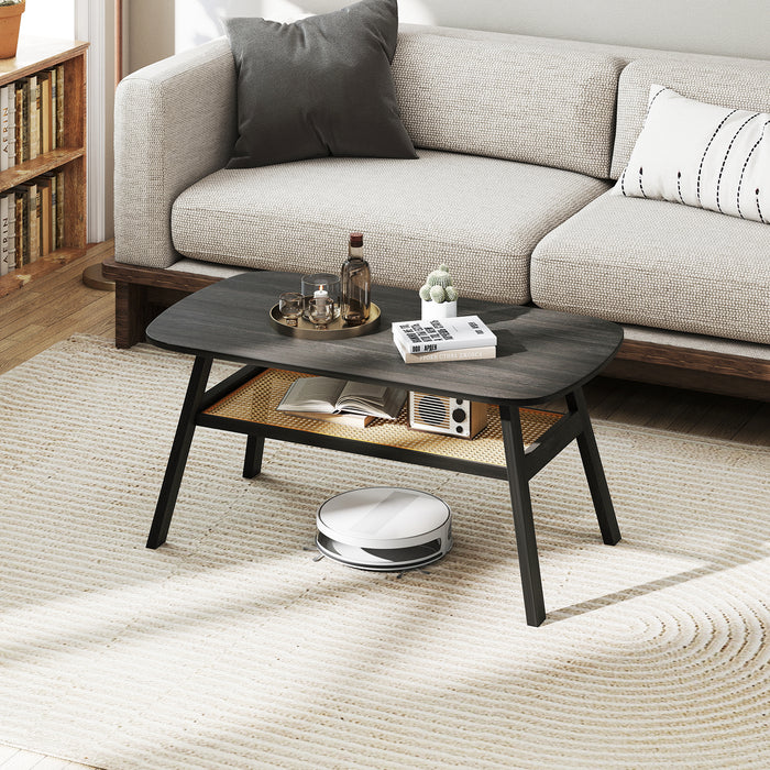 2-Tier Coffee Table with Rattan Storage Shelf and Rubber Wood Legs-Black