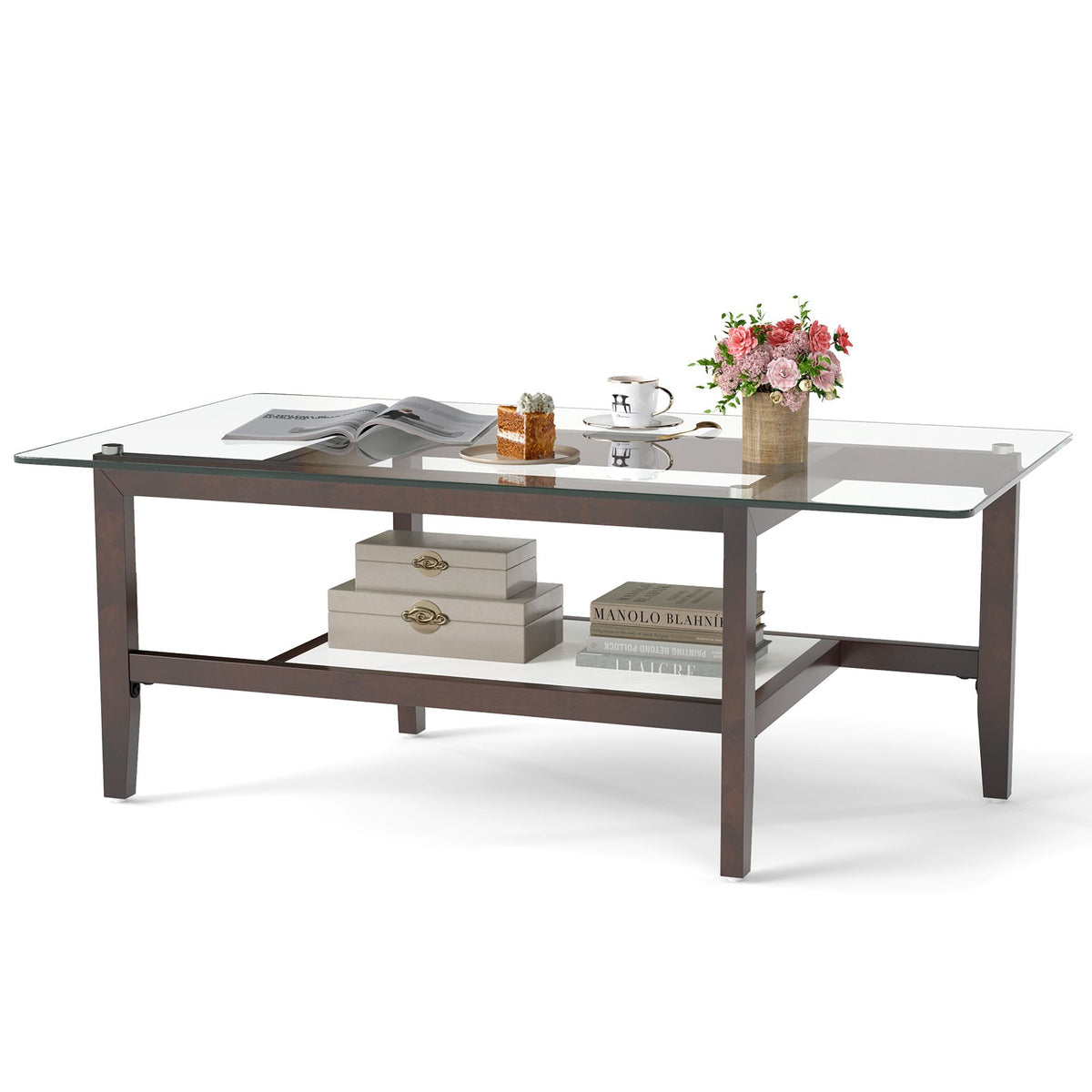 2-Tier Coffee Table with Storage Shelf and Solid Rubber Wood Legs-Brown
