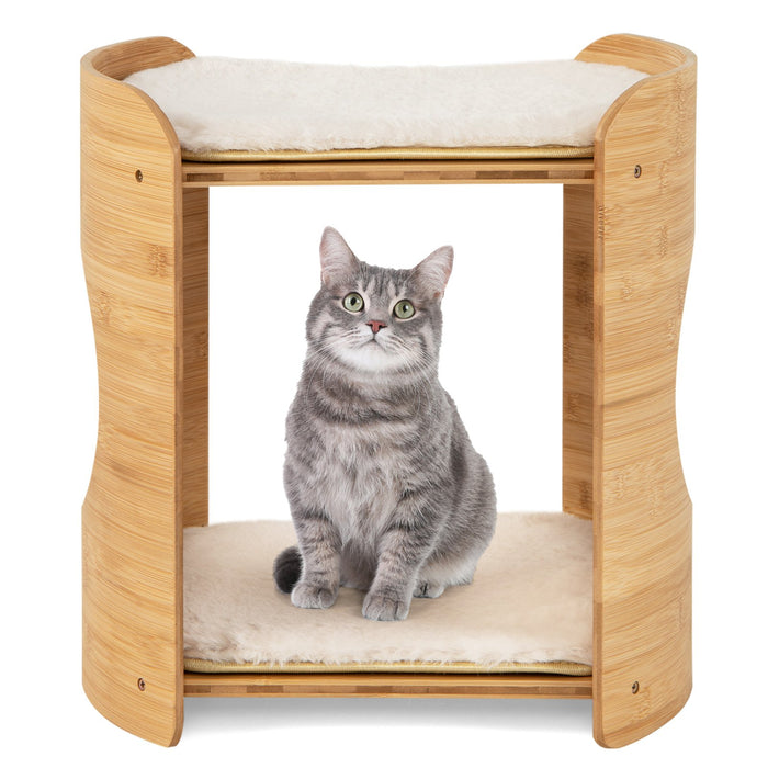2-Tier Elevated Cat Bed Cat Tower with Natural Bamboo Frame-Natural & White
