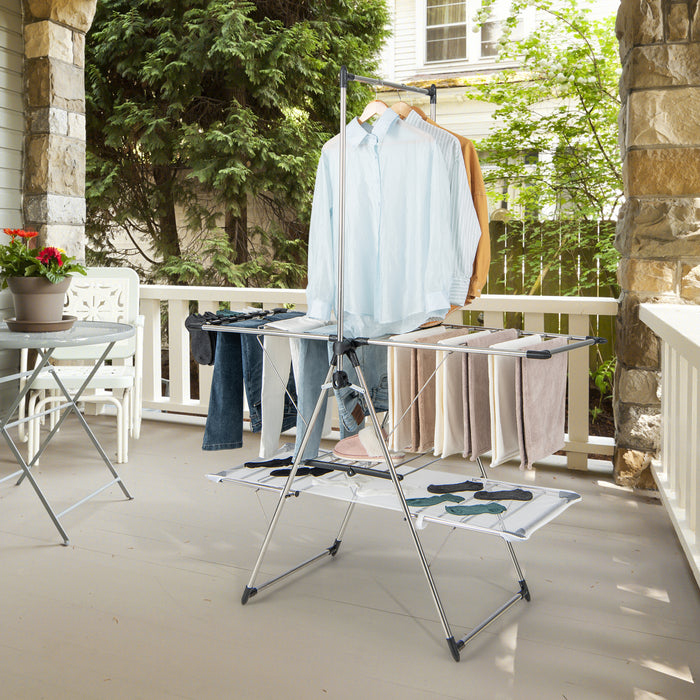 2-Tier Foldable Laundry Drying Rack with Tall Hanging Bar
