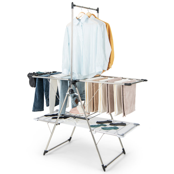2-Tier Foldable Laundry Drying Rack with Tall Hanging Bar