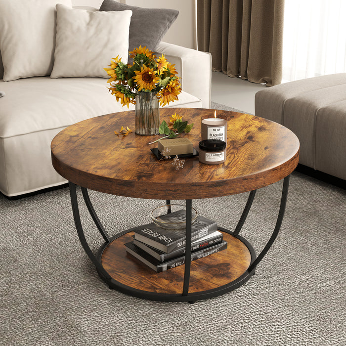 2-Tier Round Coffee Table with Storage Metal Frame Tea Cocktail Table-Natural