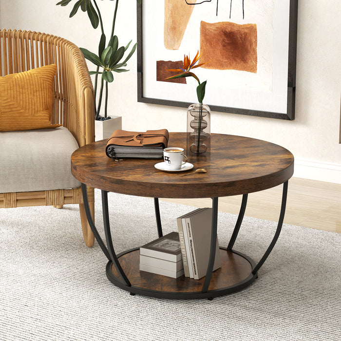 2-Tier Round Coffee Table with Storage Metal Frame Tea Cocktail Table-Natural
