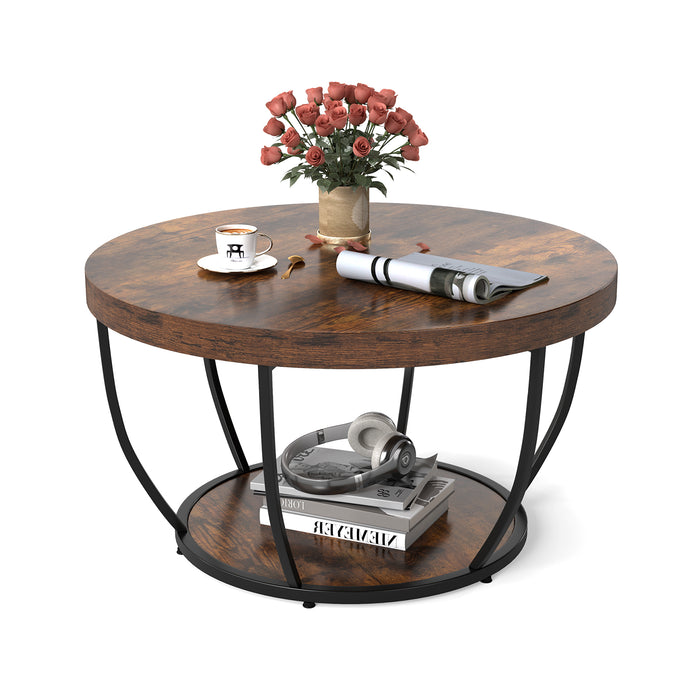 2-Tier Round Coffee Table with Storage Metal Frame Tea Cocktail Table-Natural