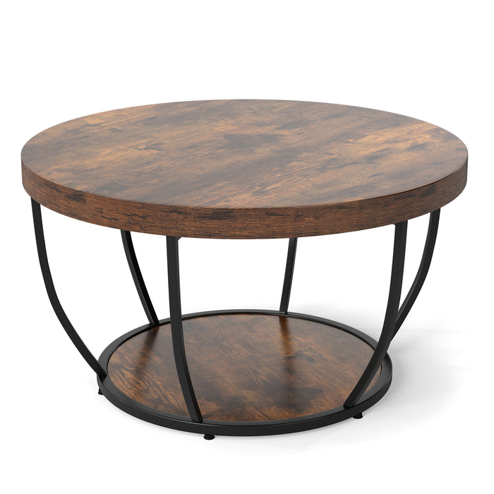 2-Tier Round Coffee Table with Storage Metal Frame Tea Cocktail Table-Natural