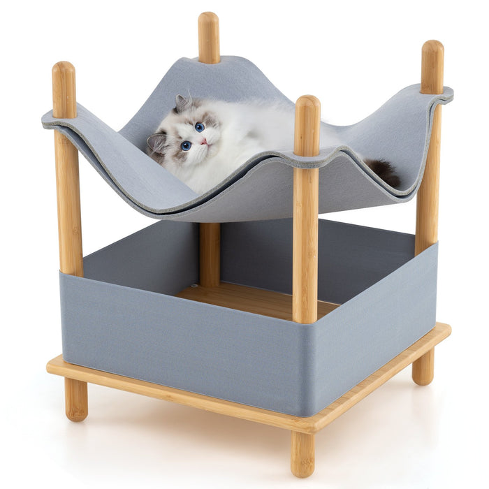 2-Tier Wooden Cat House Modern Cat Tree with Semi-enclosed Condo-Grey