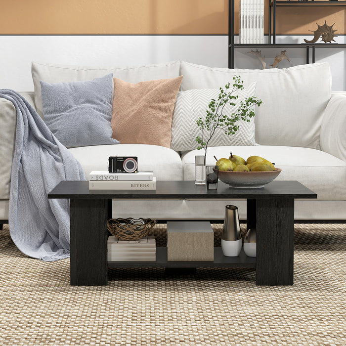 2-Tier Wooden Coffee Table with Storage Shelf and 5 Support Legs-White