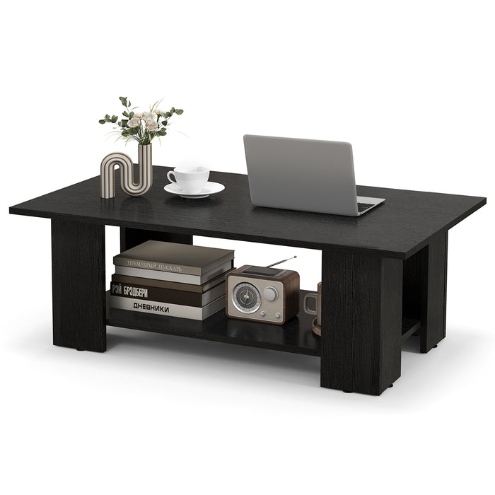 2-Tier Wooden Coffee Table with Storage Shelf and 5 Support Legs-White