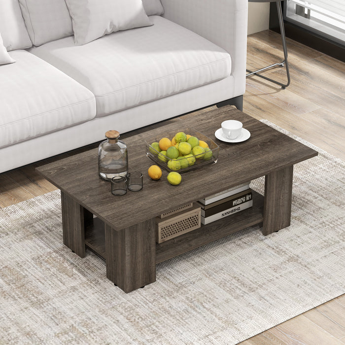 2-Tier Wooden Coffee Table with Storage Shelf and 5 Support Legs-White