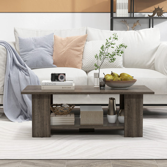 2-Tier Wooden Coffee Table with Storage Shelf and 5 Support Legs-White