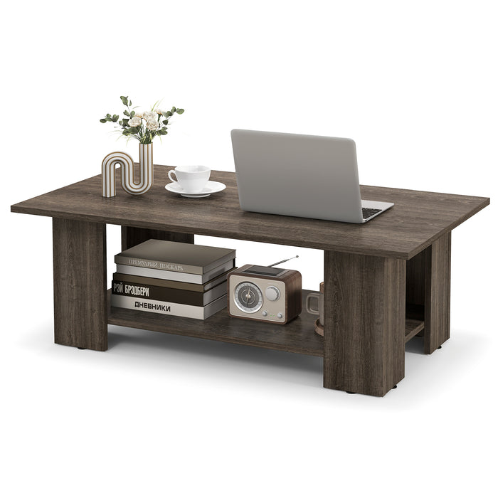 2-Tier Wooden Coffee Table with Storage Shelf and 5 Support Legs-White