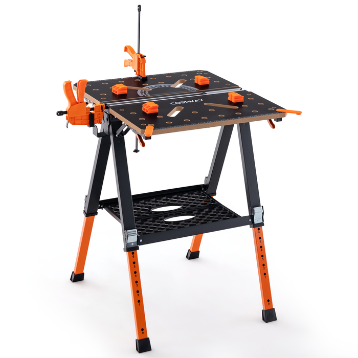 Two Step Work Table 2-in-1 Folding Work Table with 2 Quick Clamps and 8 Adjustable Heights ...