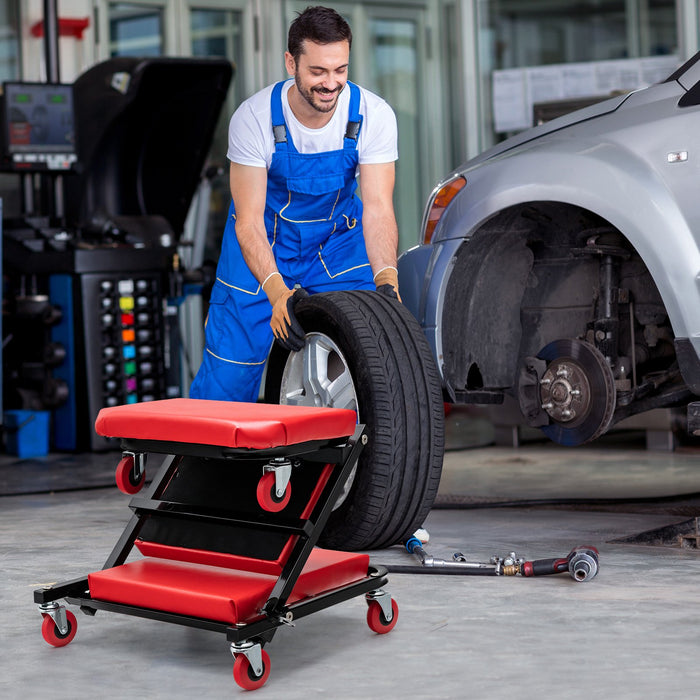 2-in-1 Rolling Creeper Seat Folding Creeper with PVC Padded Seat