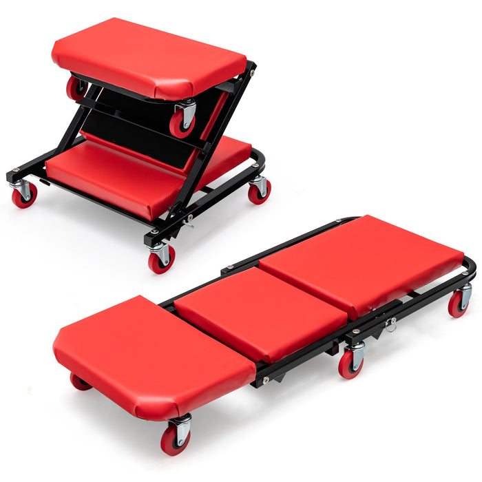 2-in-1 Rolling Creeper Seat Folding Creeper with PVC Padded Seat
