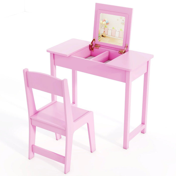 2 in 1 Kids Vanity Table and Chair Set with Flip Top Mirror Hidden Storage-