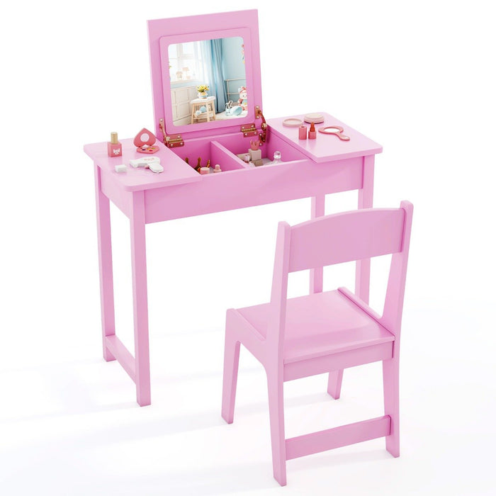 2 in 1 Kids Vanity Table and Chair Set with Flip Top Mirror Hidden Storage-